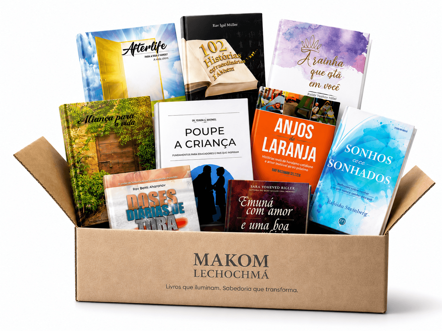 Caixa do clube Makom Lechochmá com livros judaicos