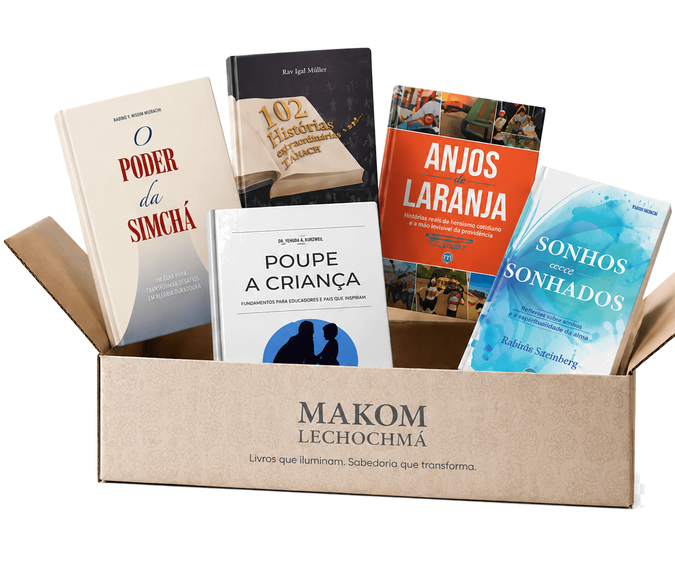 Caixa do clube Makom Lechochmá com livros judaicos